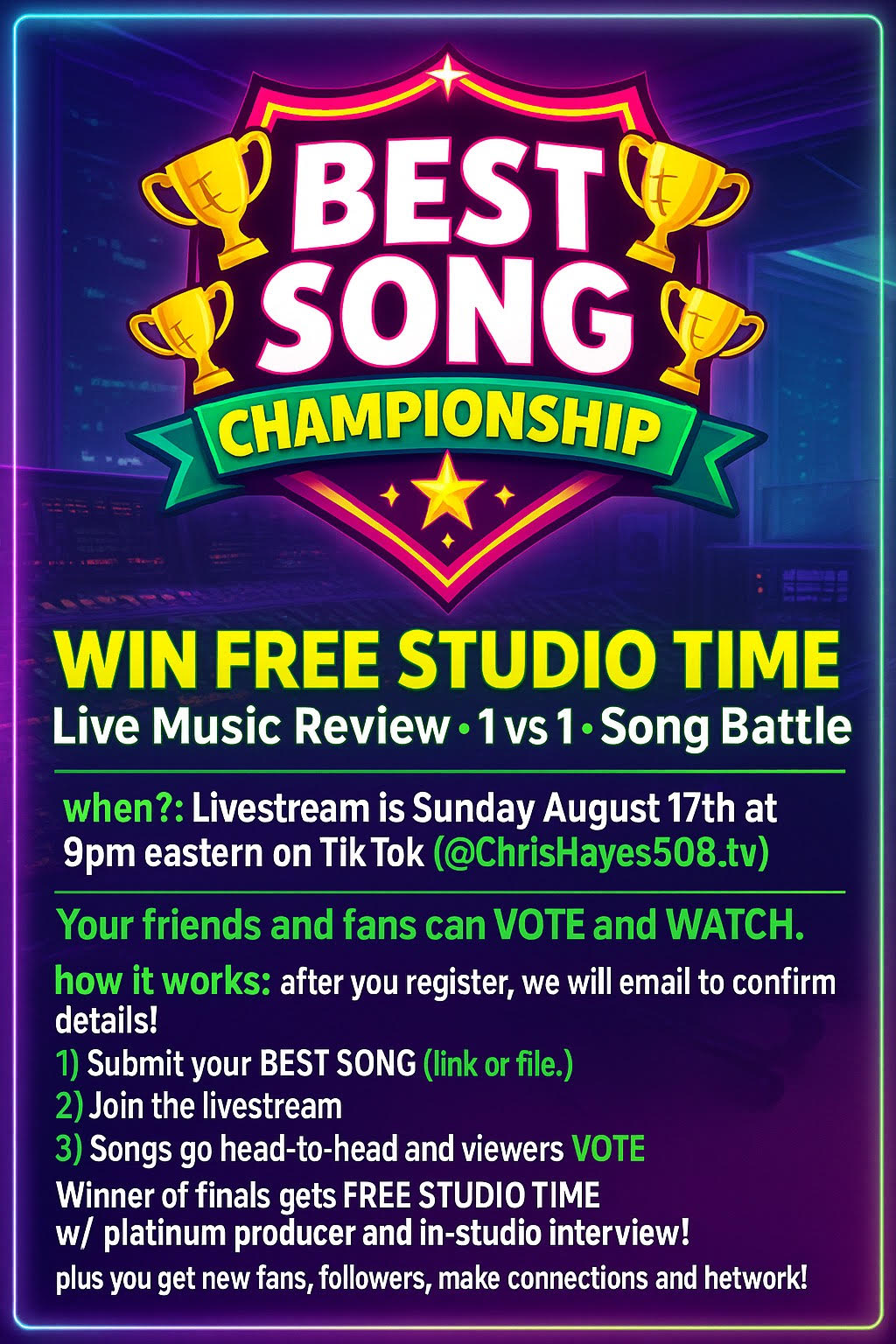 ($25 registration fee) - Win FREE STUDIO TIME! - Live Music Review - 1 vs 1 Song Battle Tournament!